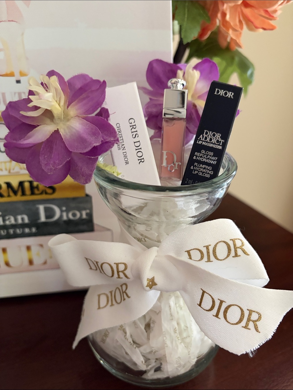 NWT Dior bundle Lip Maximizer mini and Gris Dior scented box in glass vase